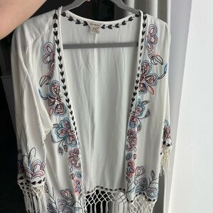 White Embroidered Kimono with Fringe